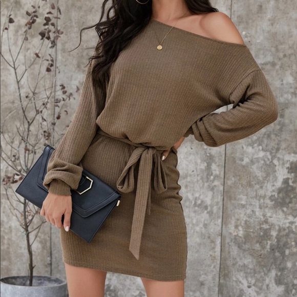 Off the shoulder rib knit belted long sleeve dress - Picture 3 of 4